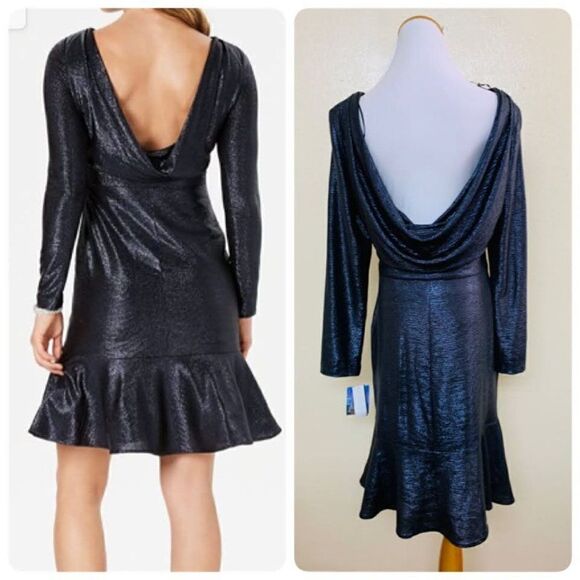 NIGHTWAY Womens Cocktail Dress Size 14 Navy Long Sleeve Jewel Neck Drape Back - Picture 2 of 11